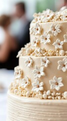A beautifully decorated tiered cake adorned with intricate white flowers, showcasing elegant craftsmanship and attention to detail.