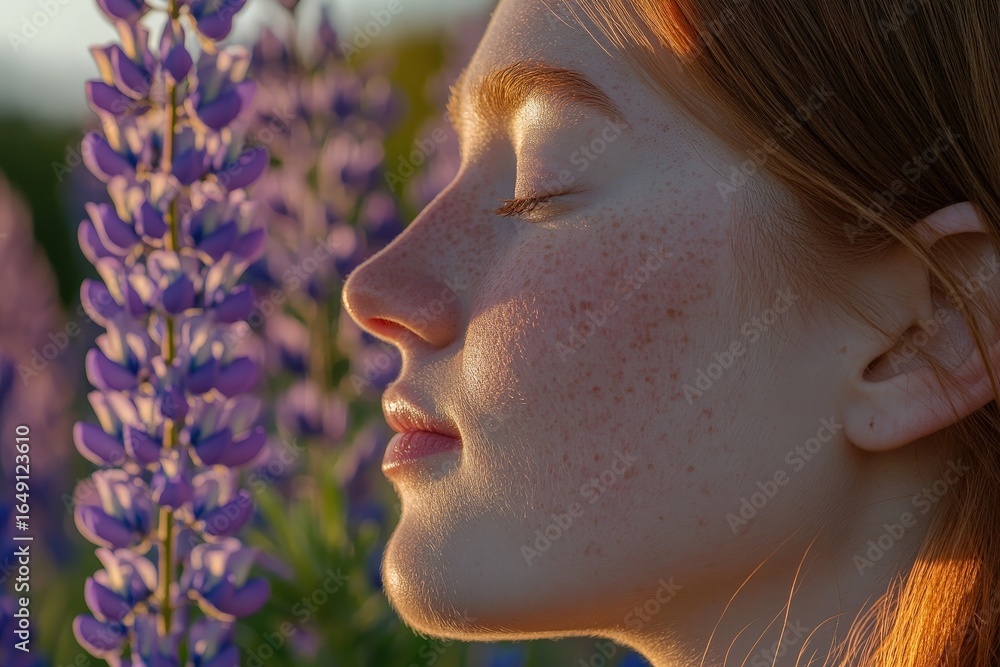 Poster close-up profile of a person with freckles in a field of lupines.