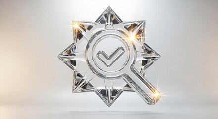 Crystal starburst with magnifying glass and check mark symbol on a white gradient background