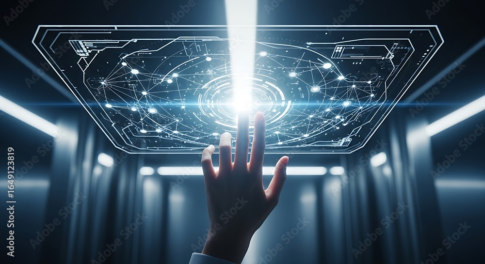 Poster hand interacting with futuristic interface in a brightly lit high tech environment setting scene