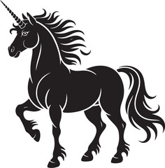 Majestic black unicorn silhouette prancing with flowing mane