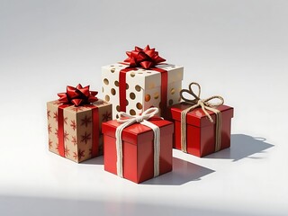 Three gift boxes arranged as a small cluster. 1 kraft paper box with red snowflake pattern, wrapped with shiny red satin ribbon and bow on top. 1 cream box with metallic gold polka dots, tied with red