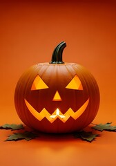 Illuminated Jack-o'-lantern on Orange Background with Autumn Leaves