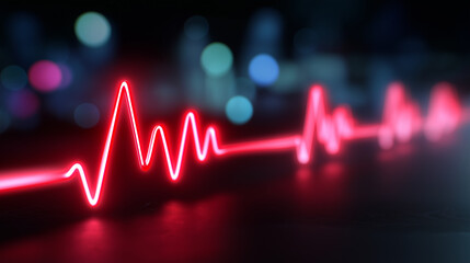 Glowing red electrocardiogram heartbeat line on dark background. 
