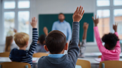 Children in classroom raising hands during lesson with teacher at blackboard. 
