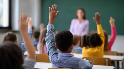 Children in classroom raising hands during lesson with teacher at blackboard. 
