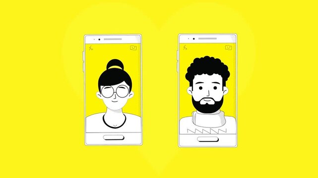 Animated couple introducing themselves, cheerful characters waving in friendly and welcoming presentation