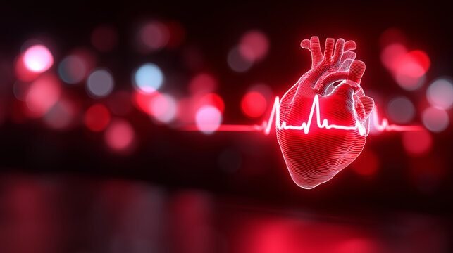 3D illustration of human heart with glowing ECG line on dark background. 
