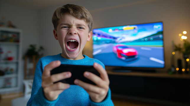 Upset young boy holding a smartphone and reacting emotionally while sitting on a couch.
