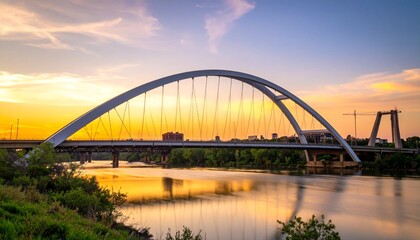 Obraz premium A beautiful tied-arch bridge spanning a calm river at golden hour, with the sunset sky reflecting on the water's surface.