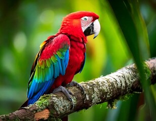 Obraz premium Vibrant Scarlet Macaw Perched on Mossy Branch in Lush Rainforest Setting