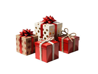 Three gift boxes arranged as a small cluster. 1 kraft paper box with red snowflake pattern, wrapped with shiny red satin ribbon and bow on top. 1 cream box with metallic gold polka dots, tied with red