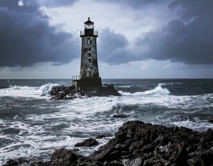 Lighthouse withstanding stormy sea A dramatic coastal scene