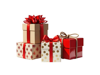 Three gift boxes arranged as a small cluster. 1 kraft paper box with red snowflake pattern, wrapped with shiny red satin ribbon and bow on top. 1 cream box with metallic gold polka dots, tied with red