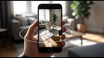 Person Using Smartphone to Scan Modern Living Room Interior for Augmented Reality - Powered by Adobe