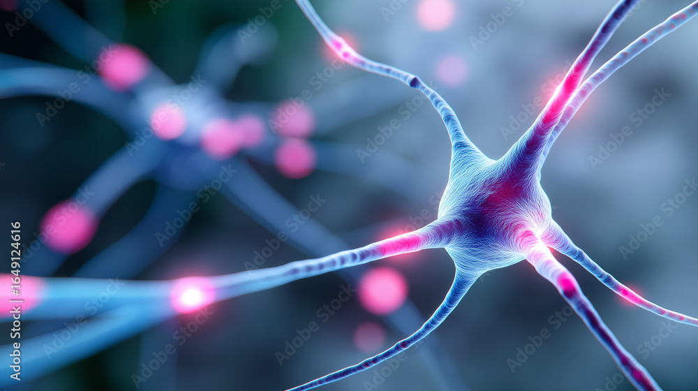 Poster 3d illustration of a glowing neuron with axons and synapses transmitting signals.