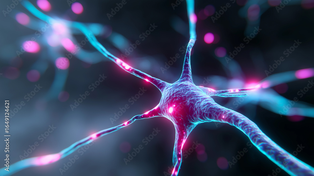 Poster 3d illustration of a glowing neuron with axons and synapses transmitting signals.