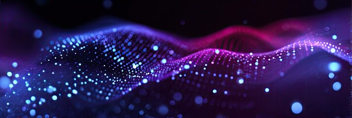 Abstract digital wave of glowing particles in vibrant purple and blue hues