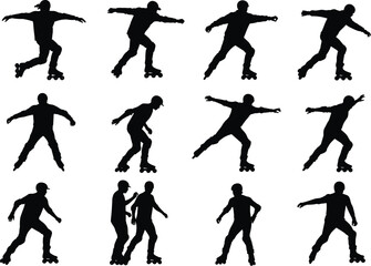 Collection of Inline Skaters and Rollerbladers in Different Poses, Silhouettes of People Skateboarding, Outdoor Recreation and Urban Sport Activities, Set of Black Figures Rollerblading.