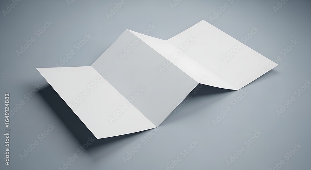 Poster A white folded paper leaflet on a gray surface creating shadows and geometric shapes from the folds