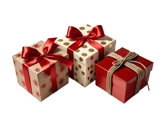 Obraz premium Three gift boxes arranged as a small cluster. 1 kraft paper box with red snowflake pattern, wrapped with shiny red satin ribbon and bow on top. 1 cream box with metallic gold polka dots, tied with red