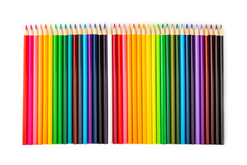 Colored pencils isolated on white background. Equipment for coloring. Stationery for...