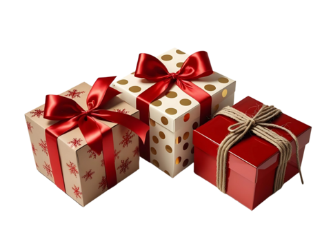 Three gift boxes arranged as a small cluster. 1 kraft paper box with red snowflake pattern, wrapped with shiny red satin ribbon and bow on top. 1 cream box with metallic gold polka dots, tied with red