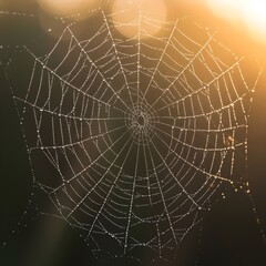 Obraz premium Delicate spiderweb bejeweled with dew, glowing in soft early morning light, spider web with dew drops