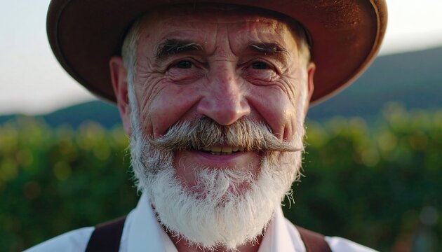 Smiling senior man with a white beard and brown hat in a vineyard