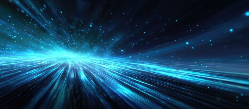 Abstract digital speedway.  Streaking, vibrant blue light lanes cut through a dark, star-speckled space