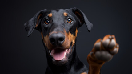 Happy doberman dog raising its paw and smiling at the camera against a dark background.
