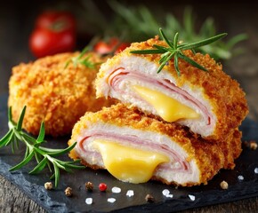 Cordon bleu cutlet, chicken, slice of ham, cheese.