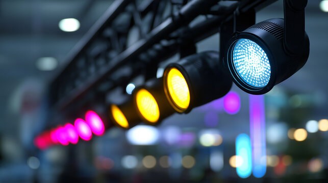 Close-up of bright orange stage lights mounted on a metal truss with colorful beams in the background.
