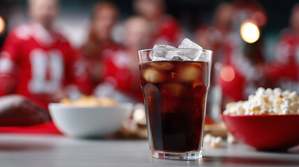 Glass of cola with ice and popcorn on a table in front of sports fans wearing red jerseys.