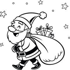 A cheerful cartoon illustration of Santa Claus with a bag full of Christmas gifts and a happy smile