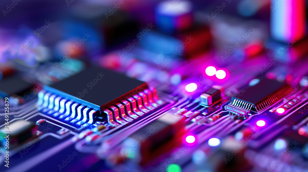 Poster close-up of a colorful illuminated circuit board with microchips and electronic components.