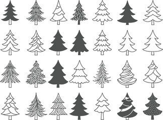 Christmas Tree and Pine Tree Silhouette and Outline Icons Set: Vector Illustration of Winter Holiday, Forest, and Nature Elements.