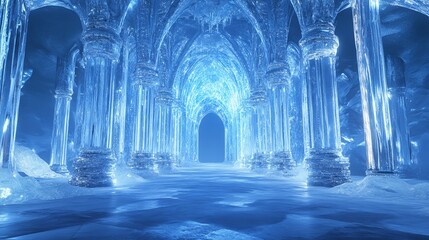 An ice palace corridor with pillars and arches made of ice leading to a distant light source