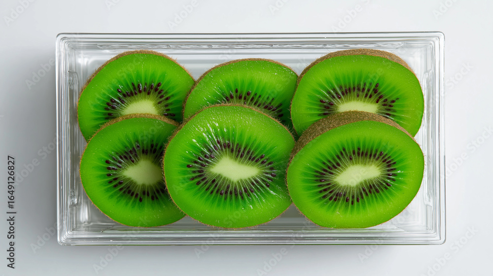 Poster fresh sliced kiwi fruit arranged in a clear rectangular container on a white surface.