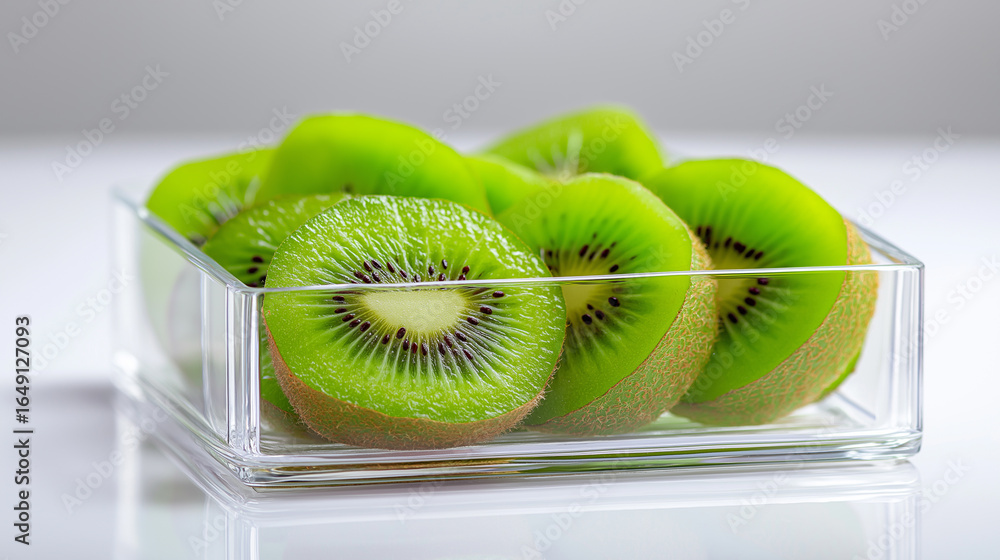 Poster fresh sliced kiwi fruit arranged in a clear rectangular container on a white surface.