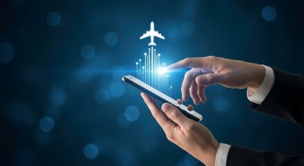 Hands holding phone with airplane graphic and blue background with light streaks rising up