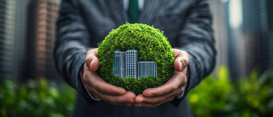 Costumed hands hold a green balloon with miniature buildings inside, symbolizing ecology and sustainability, useful for materials about green technology and urban planning.