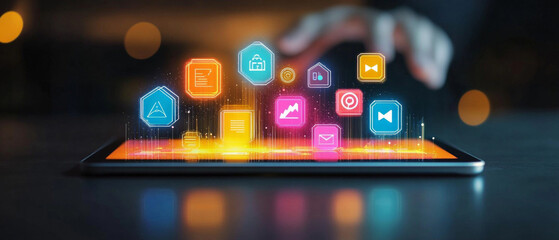 Abstract digital background with bright app icons on tablet screen, neon colors, technology, innovation - texture for presentations about mobile apps, IT developments, startups.