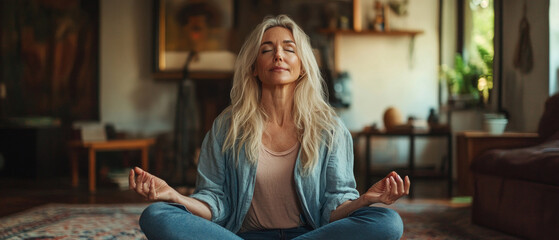 A woman in light-colored clothing meditates in a cozy room, useful for articles on relaxation, psychological wellbeing and yoga.