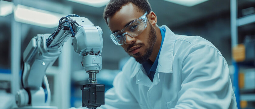Young scientist in lab looking intently into microscope, flasks and equipment around, white coat, professional atmosphere, useful for articles about science, education,  