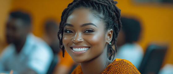 Smiling young woman with a joyful expression, bright lighting, positive atmosphere - social media, advertisements for educational courses, articles on motivation, corporate websites.