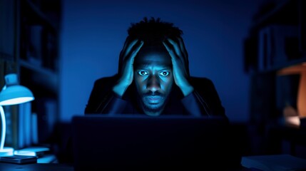 Black man overwhelmed by laptop screen light in dark room portrait image, ai generated
