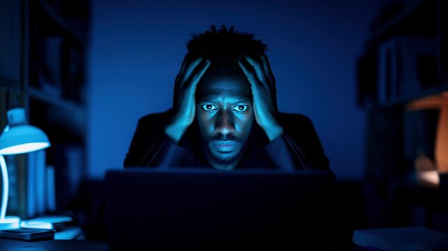 Black man overwhelmed by laptop screen light in dark room portrait image, ai generated