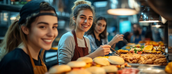 Fun girls in a cafe preparing and serving food, useful for articles about the restaurant business and teamwork.