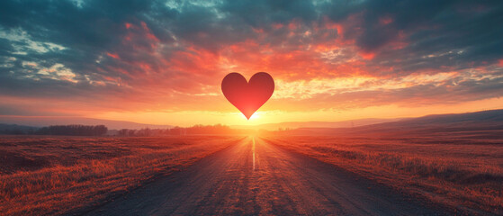 Abstract sunset background with heart on road background, delicate colors and romantic texture, suitable for postcard design, greetings and love theme.